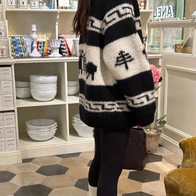 hulianfu Chic Knitted Cardigan Women Sweaters Pull Print Zipper Christmas Sweater Temperament Vintage Casual Oversized Sweater Tops
