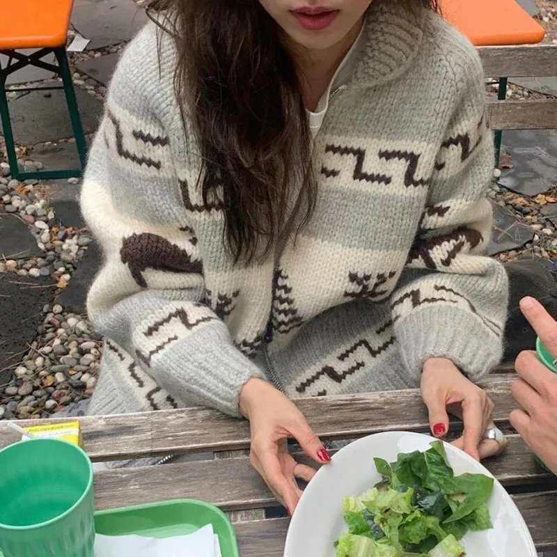 hulianfu Chic Knitted Cardigan Women Sweaters Pull Print Zipper Christmas Sweater Temperament Vintage Casual Oversized Sweater Tops