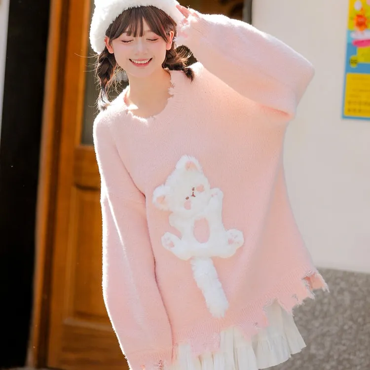 Kawaii Sweet Girly Pink Kitten Embroidered Sweater