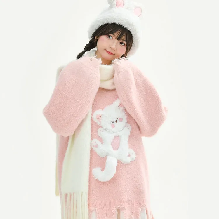 Kawaii Sweet Girly Pink Kitten Embroidered Sweater