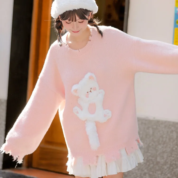 Kawaii Sweet Girly Pink Kitten Embroidered Sweater