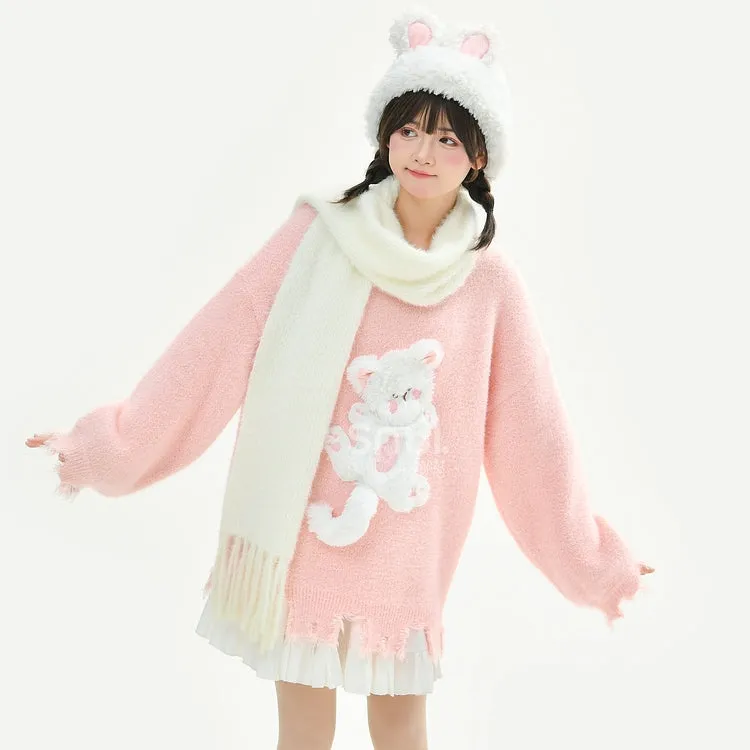 Kawaii Sweet Girly Pink Kitten Embroidered Sweater