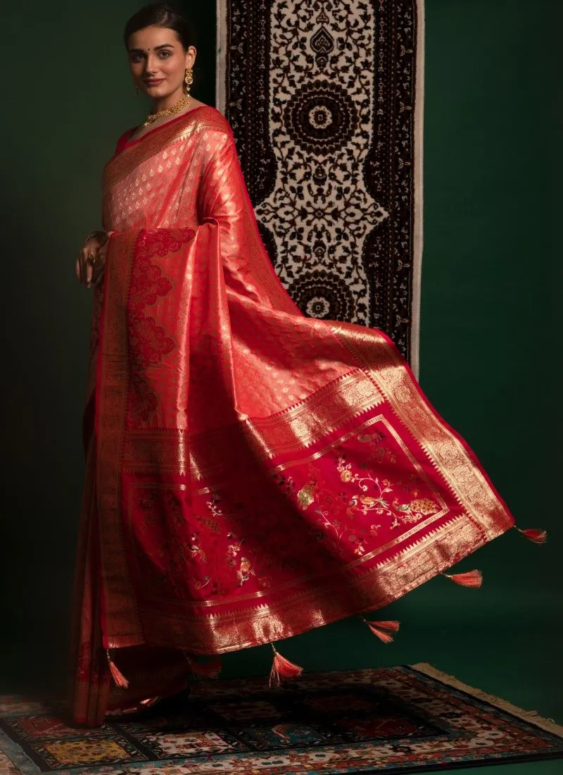 Light Orange Soft Banarasi Silk Premium Zari Weaving Silk Banarasi Saree