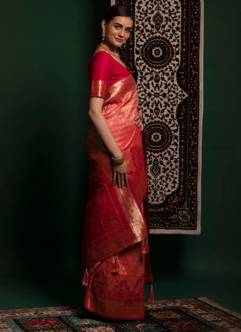 Light Orange Soft Banarasi Silk Premium Zari Weaving Silk Banarasi Saree