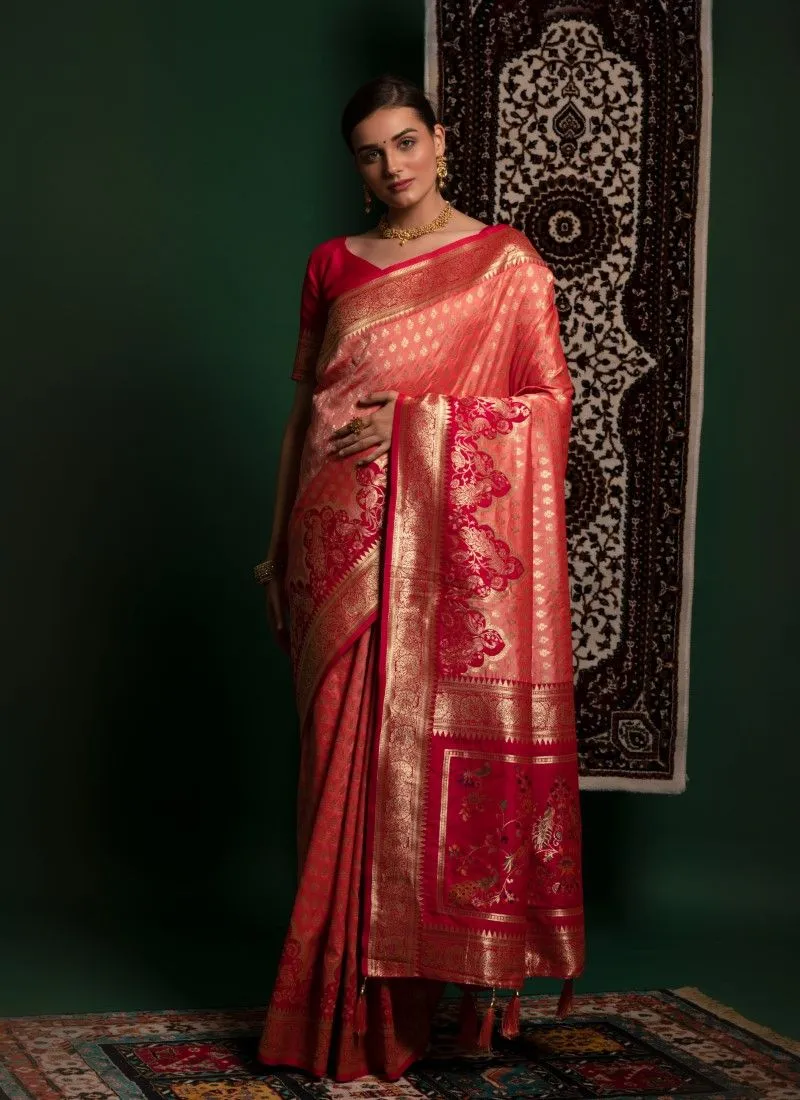 Light Orange Soft Banarasi Silk Premium Zari Weaving Silk Banarasi Saree