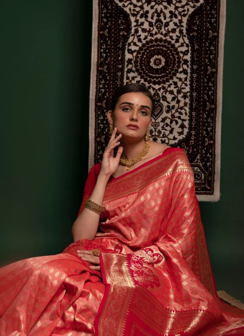 Light Orange Soft Banarasi Silk Premium Zari Weaving Silk Banarasi Saree