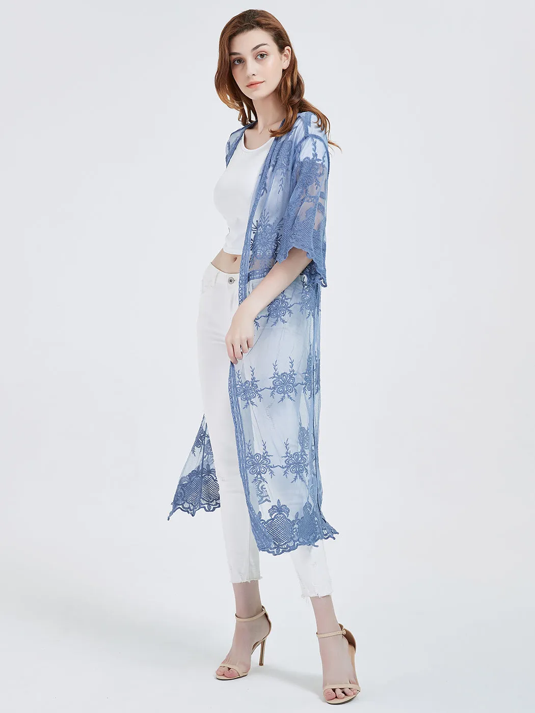 Long Floral Lace Embroidered Kimono
