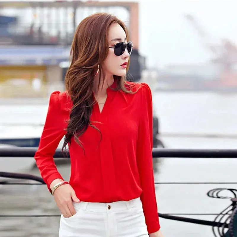 Lucinda - Elegant V-Neck Slim Blouse for Women