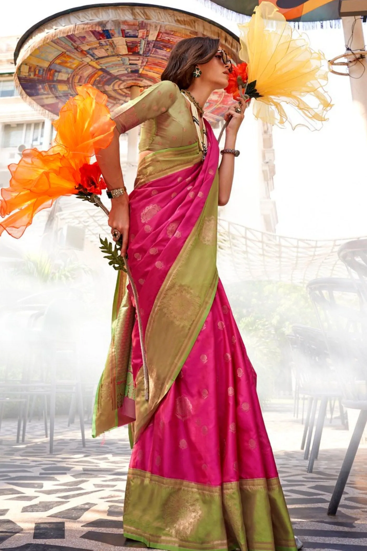 Magenta Pink Party Wear Two Tone Contrast Handloom Weaving Silk Saree