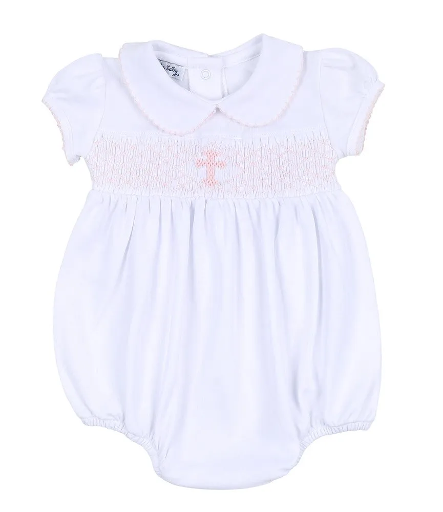 Magnolia Baby Girls White Blessed Bubble - Smocked Pink Cross
