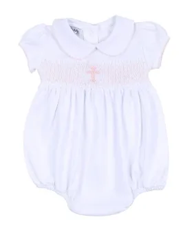 Magnolia Baby Girls White Blessed Bubble - Smocked Pink Cross