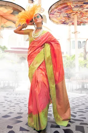 Mandarin Pearl Peach Party Wear Two Tone Contrast Handloom Weaving Silk Saree