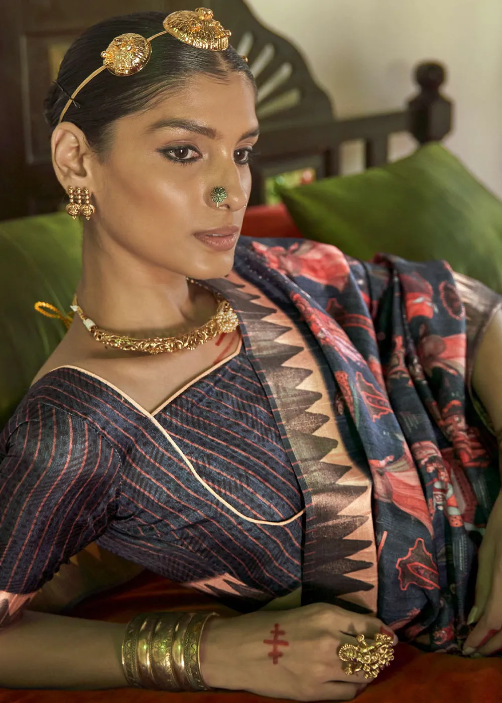 Matterhorn Blue Digital Printed Party Wear Banarasi Silk Saree