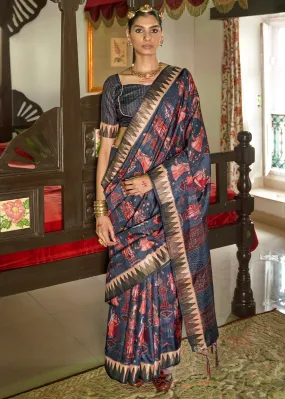 Matterhorn Blue Digital Printed Party Wear Banarasi Silk Saree