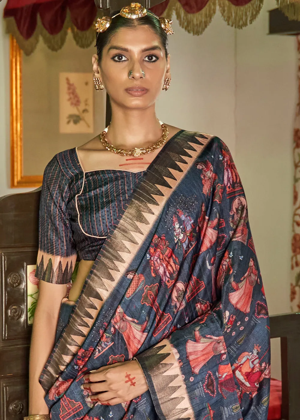 Matterhorn Blue Digital Printed Party Wear Banarasi Silk Saree