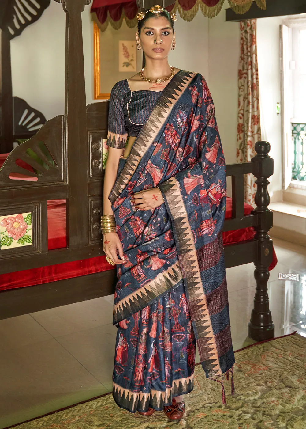 Matterhorn Blue Digital Printed Party Wear Banarasi Silk Saree