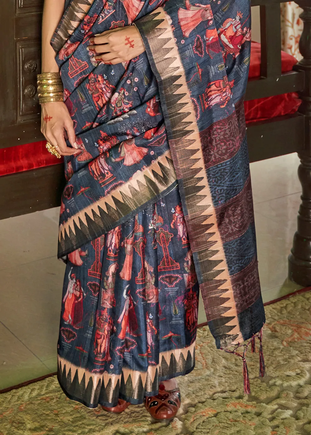 Matterhorn Blue Digital Printed Party Wear Banarasi Silk Saree