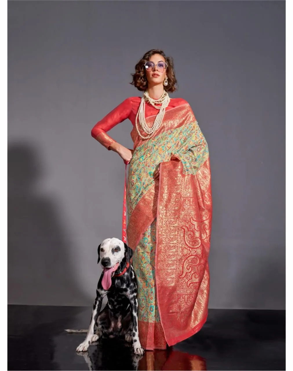 Mint Green Black Pure Knaaz Silk Modal Kashmiri Chaap Handloom Weaving Silk Saree