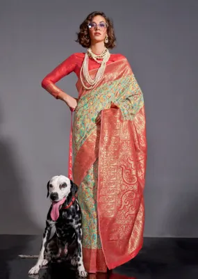 Mint Green Black Pure Knaaz Silk Modal Kashmiri Chaap Handloom Weaving Silk Saree