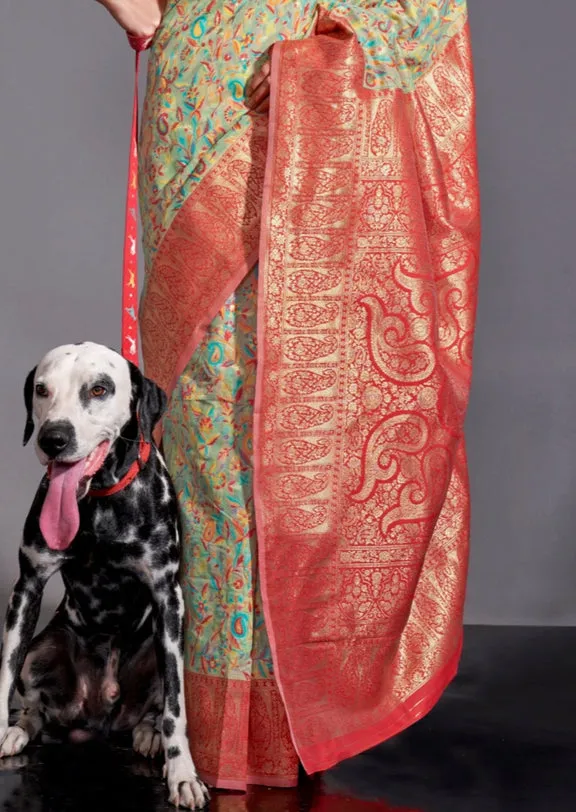 Mint Green Black Pure Knaaz Silk Modal Kashmiri Chaap Handloom Weaving Silk Saree