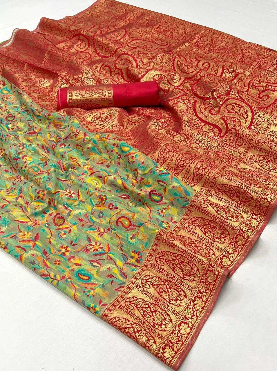 Mint Green Black Pure Knaaz Silk Modal Kashmiri Chaap Handloom Weaving Silk Saree