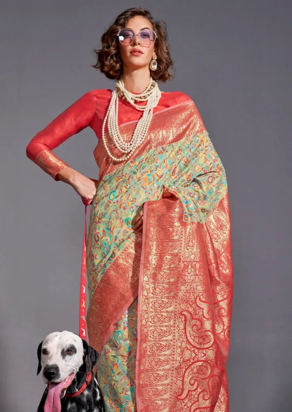 Mint Green Black Pure Knaaz Silk Modal Kashmiri Chaap Handloom Weaving Silk Saree