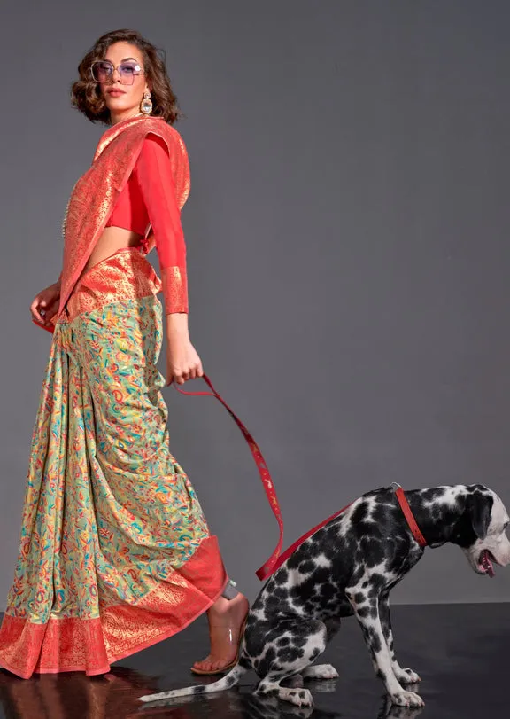 Mint Green Black Pure Knaaz Silk Modal Kashmiri Chaap Handloom Weaving Silk Saree