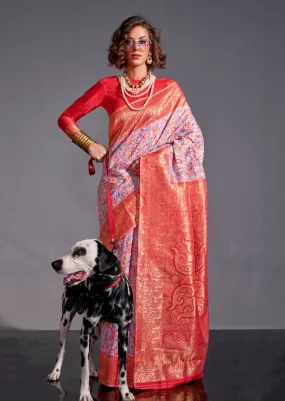 Pistal Pink Pure Knaaz Silk Modal Kashmiri Chaap Handloom Weaving Silk Saree