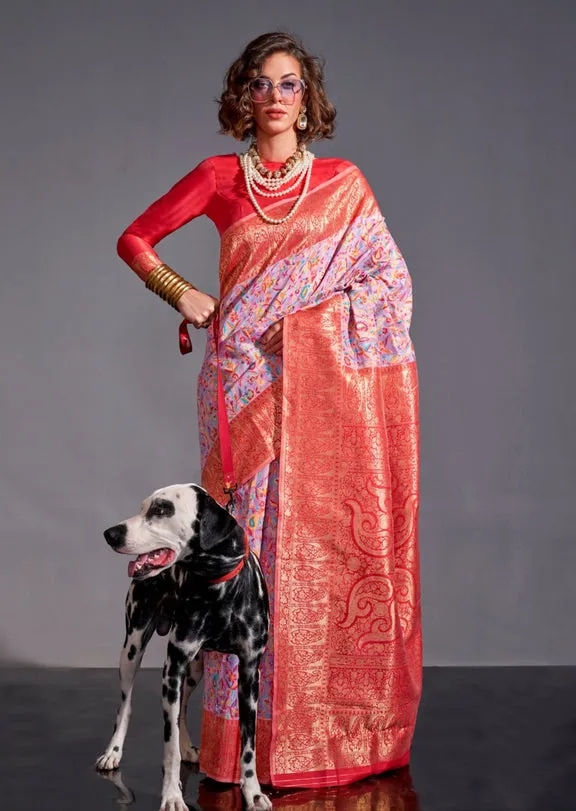 Pistal Pink Pure Knaaz Silk Modal Kashmiri Chaap Handloom Weaving Silk Saree