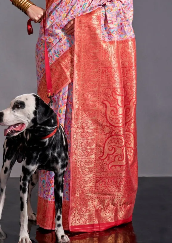 Pistal Pink Pure Knaaz Silk Modal Kashmiri Chaap Handloom Weaving Silk Saree