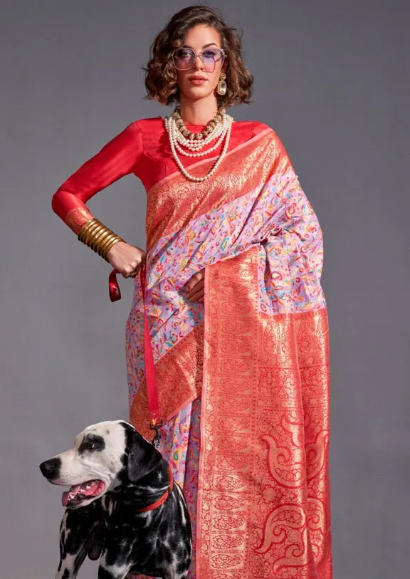 Pistal Pink Pure Knaaz Silk Modal Kashmiri Chaap Handloom Weaving Silk Saree