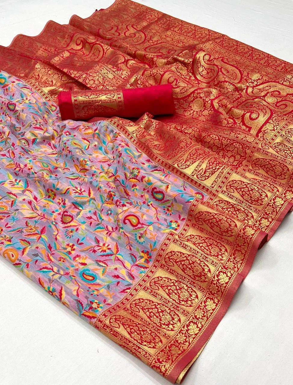 Pistal Pink Pure Knaaz Silk Modal Kashmiri Chaap Handloom Weaving Silk Saree