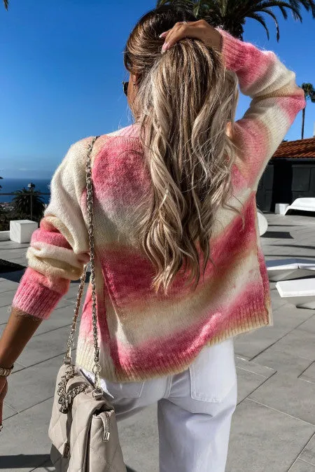 Red Gradient Open Front Colorblock Tie-dye Cardigan