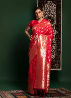 Red Pure Soft Banarasi Silk Premium Zari Work Banarasi Saree