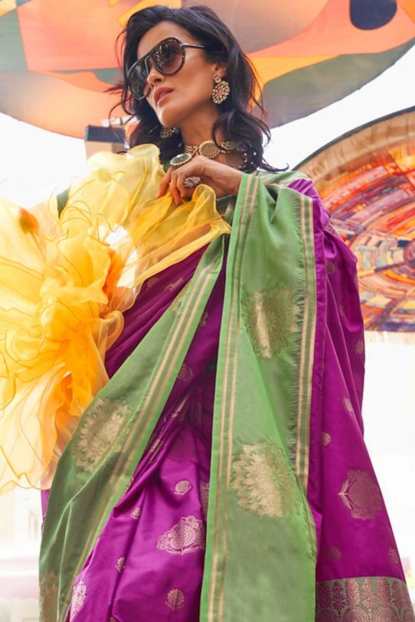 Royal Heath Purple Party Wear Two Tone Contrast Handloom Weaving Silk Saree