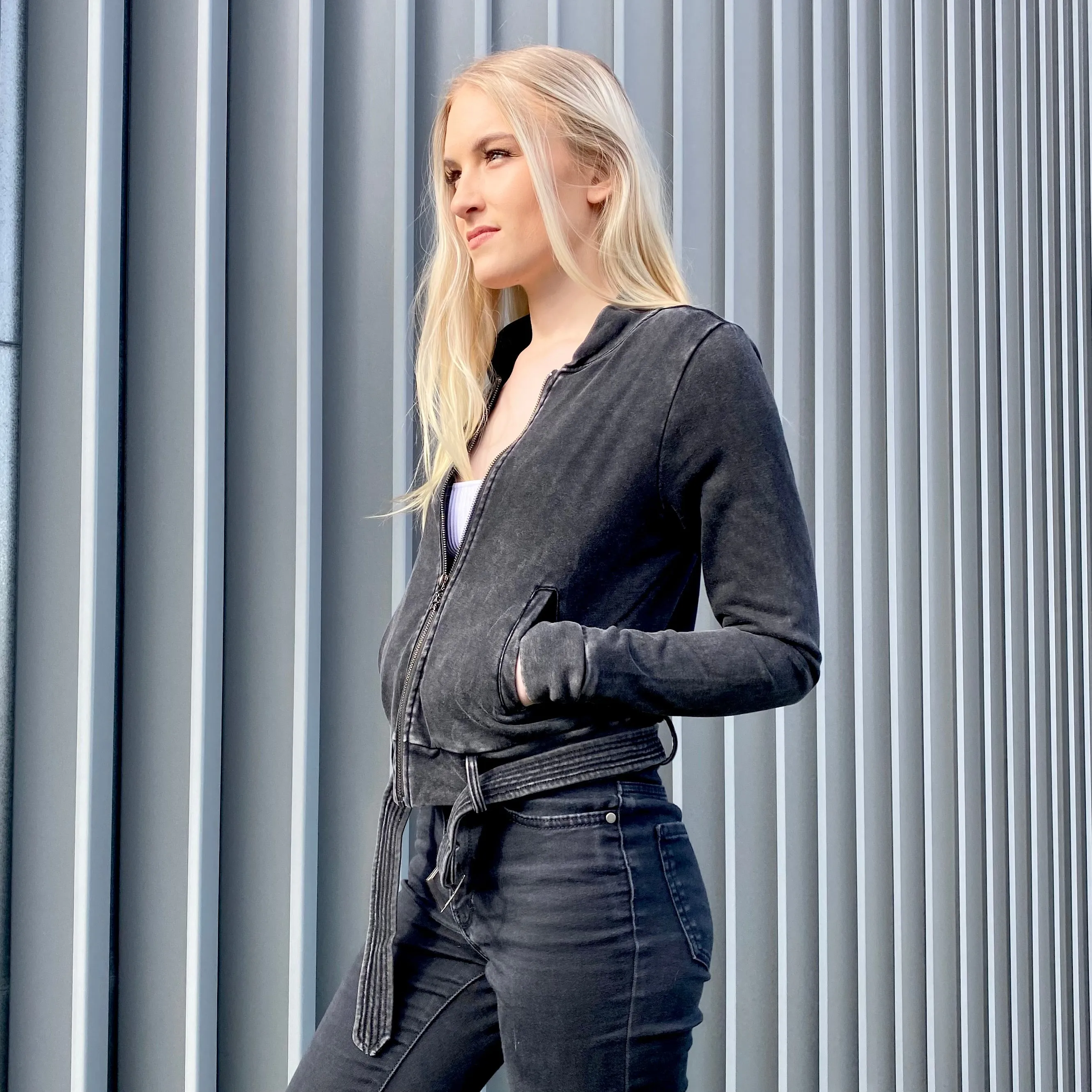 Teddy Distressed Zipped Belted Crop Jacket
