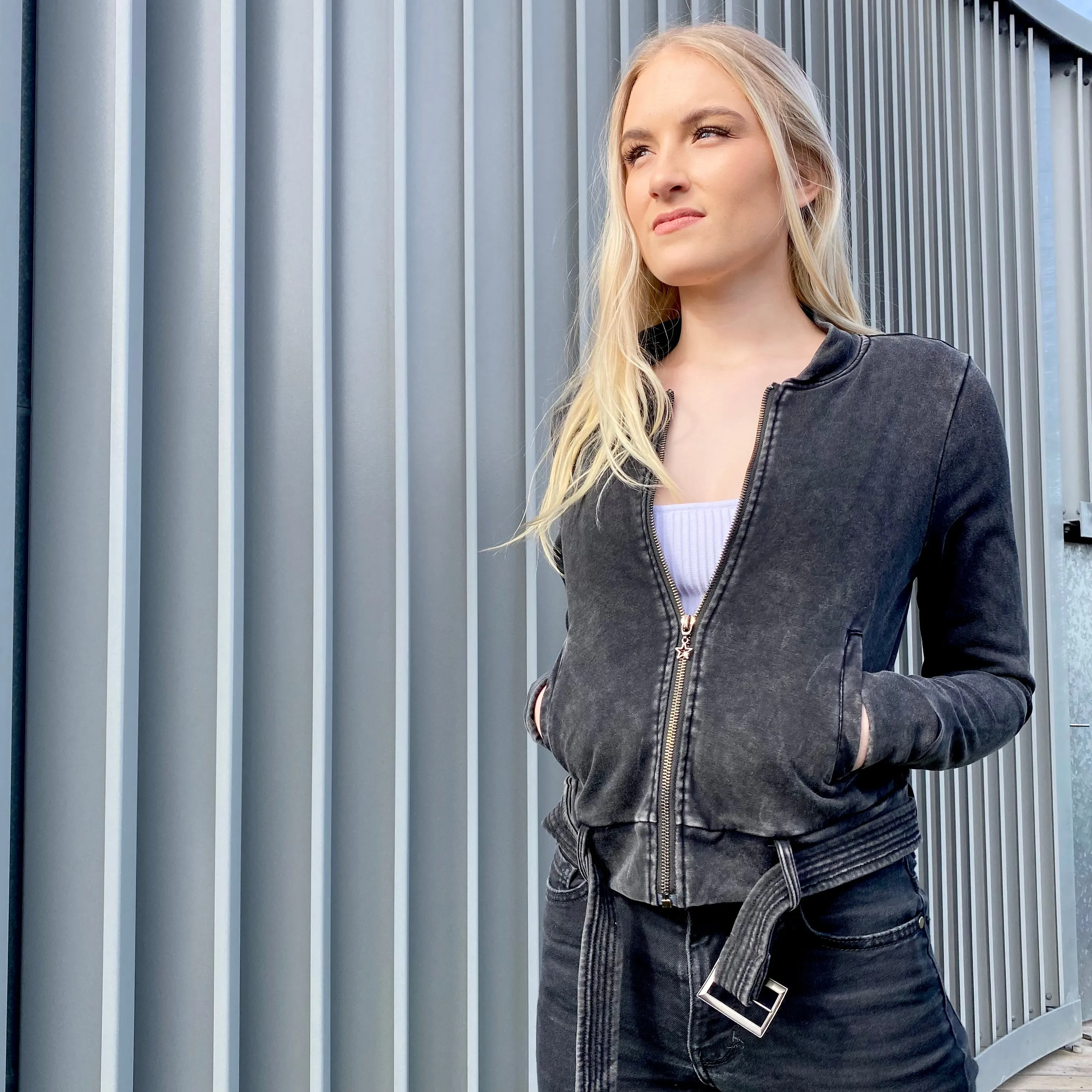 Teddy Distressed Zipped Belted Crop Jacket