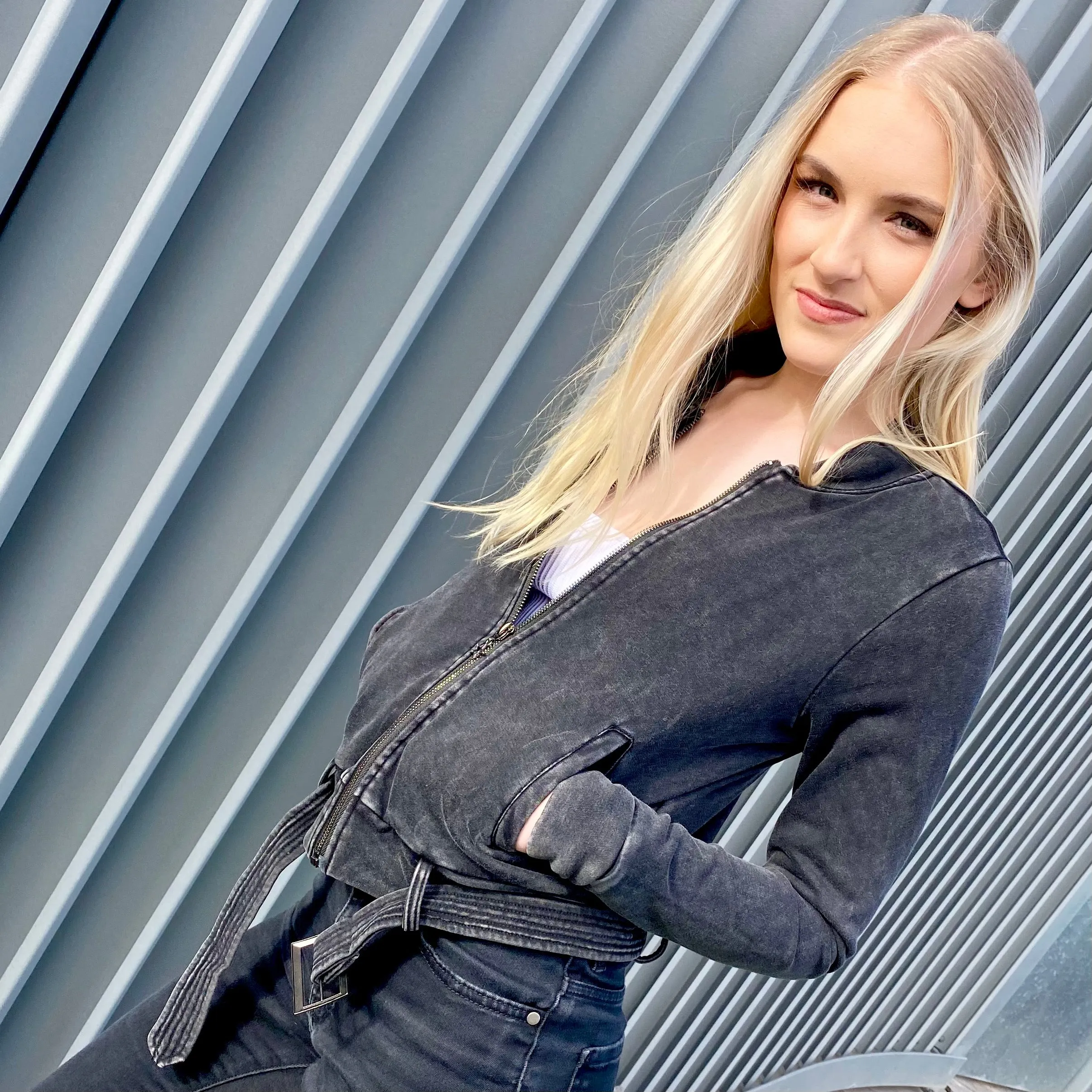 Teddy Distressed Zipped Belted Crop Jacket