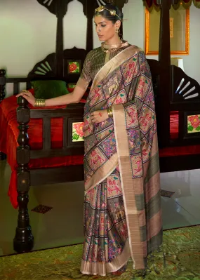 Thatch Brown and Green Digital Printed Party Wear Banarasi Silk Saree