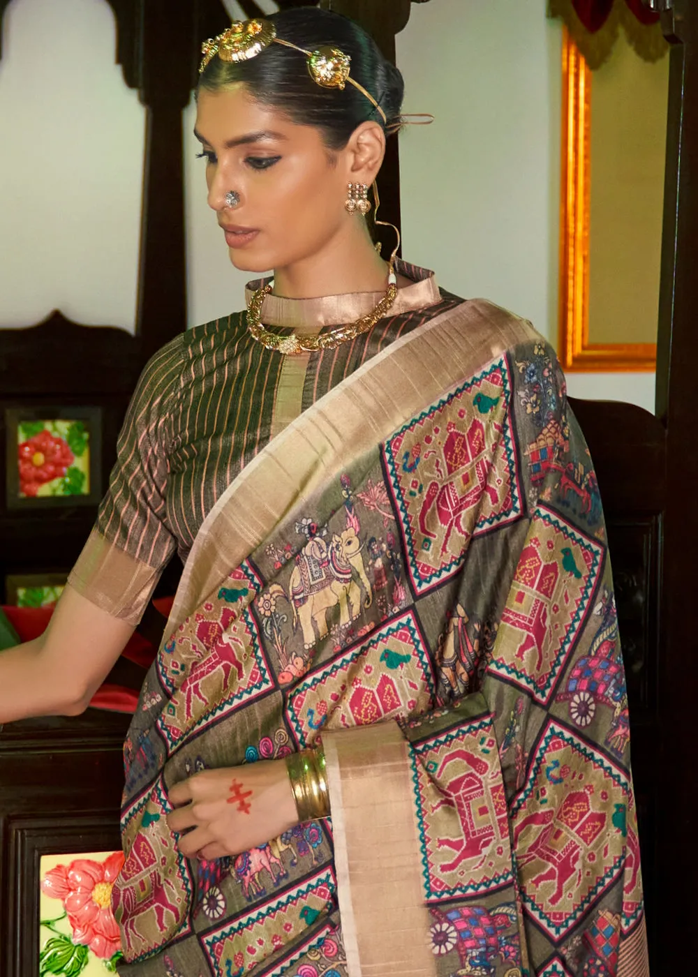 Thatch Brown and Green Digital Printed Party Wear Banarasi Silk Saree
