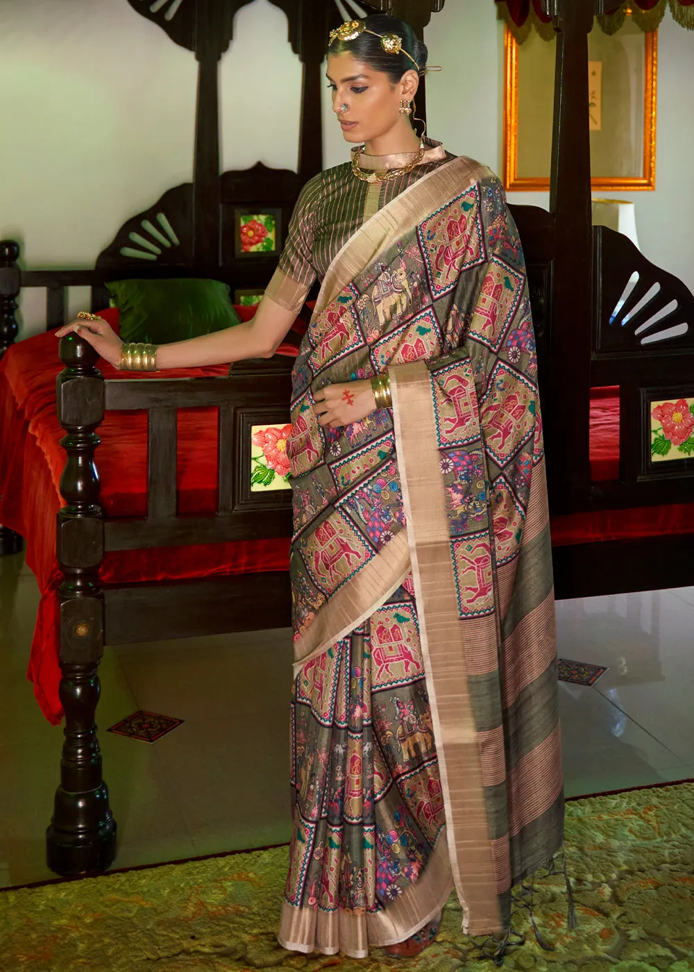 Thatch Brown and Green Digital Printed Party Wear Banarasi Silk Saree