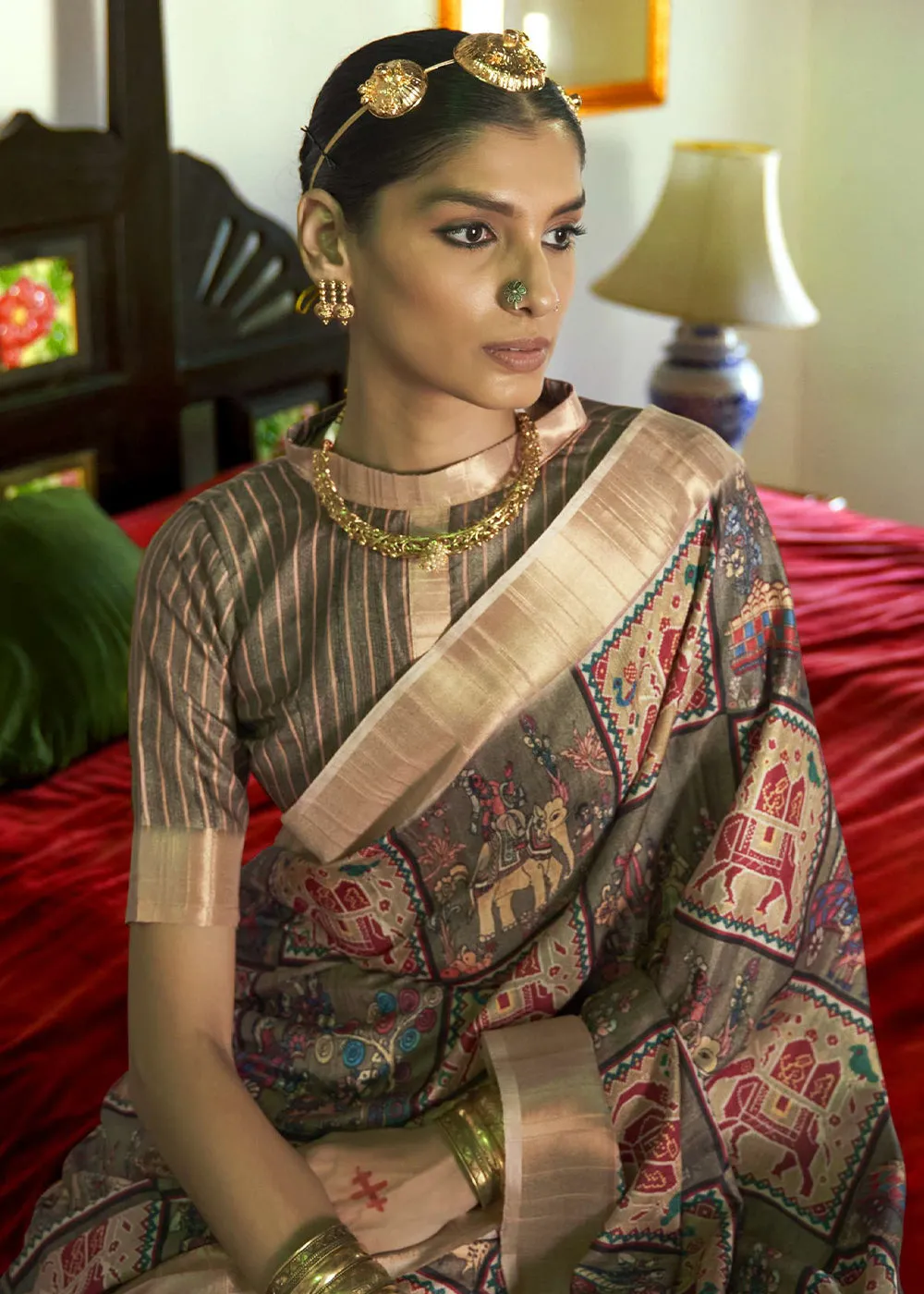 Thatch Brown and Green Digital Printed Party Wear Banarasi Silk Saree