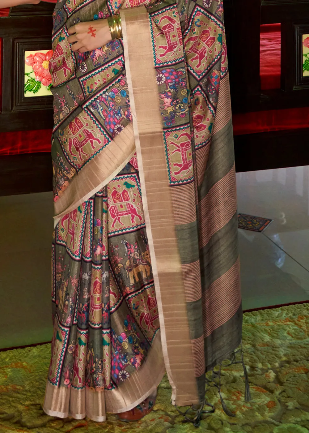 Thatch Brown and Green Digital Printed Party Wear Banarasi Silk Saree