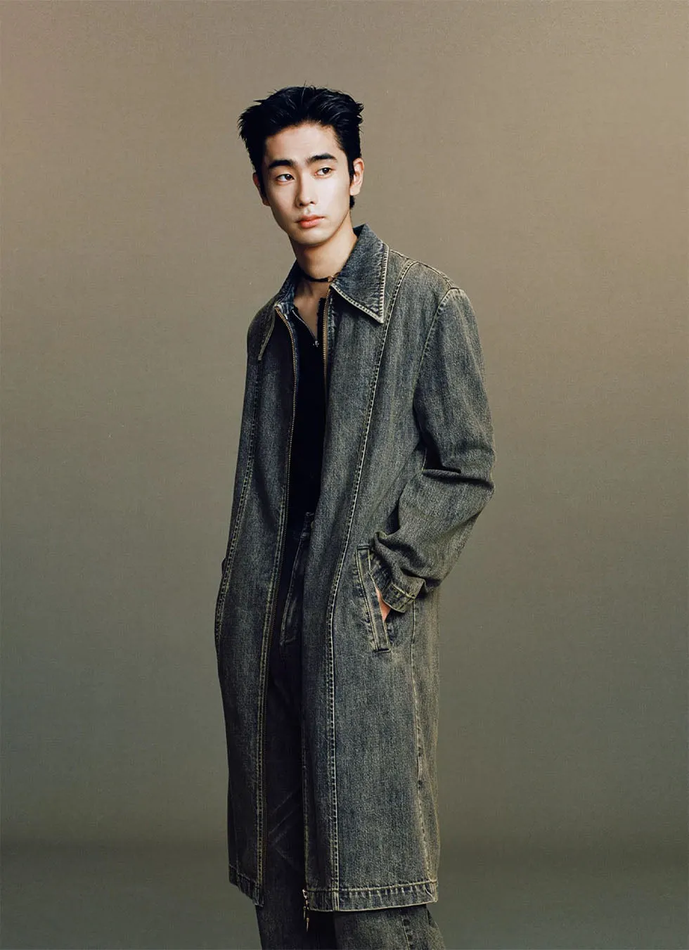 Washed Zipper Long Denim Jacket