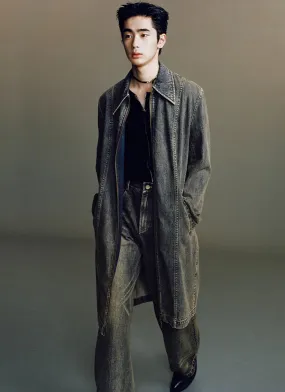 Washed Zipper Long Denim Jacket