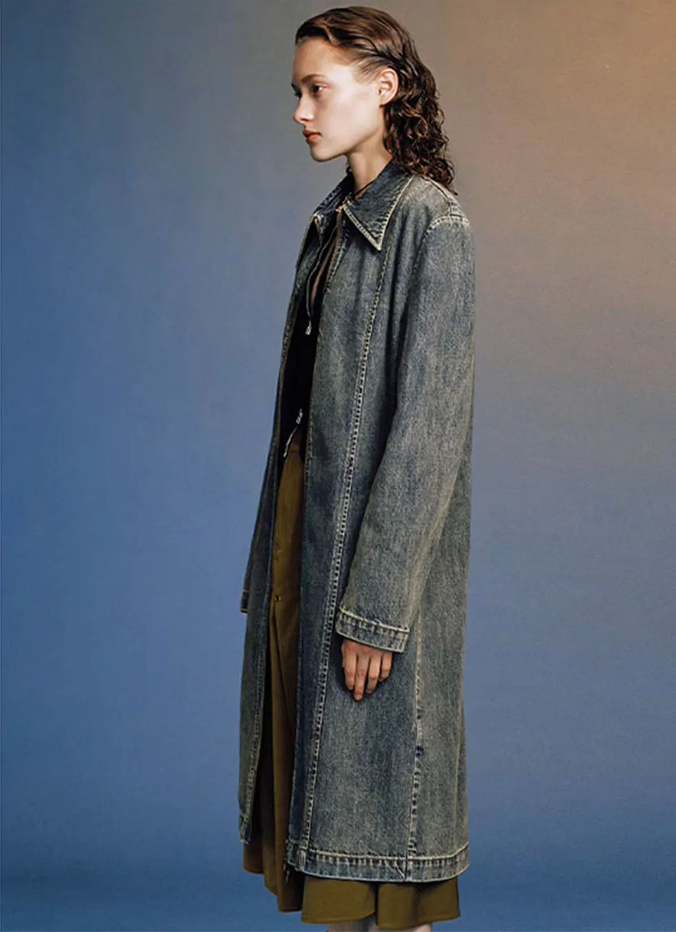 Washed Zipper Long Denim Jacket