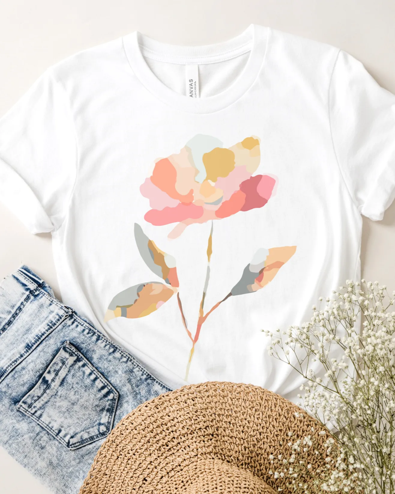 Watercolor Abstract Flower Pastel Graphic Tee (White)