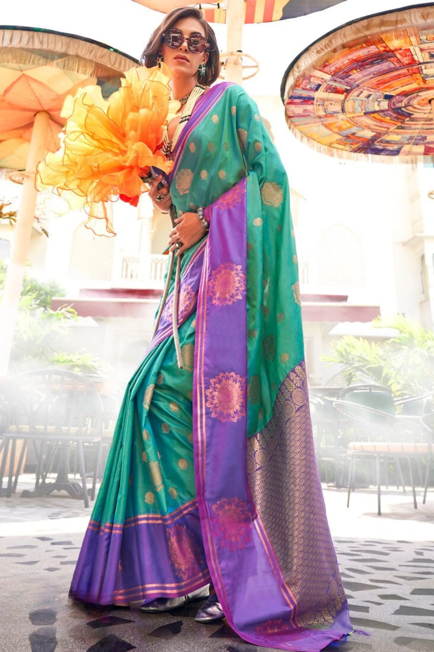 William Green Party Wear Two Tone Contrast Handloom Weaving Silk Saree