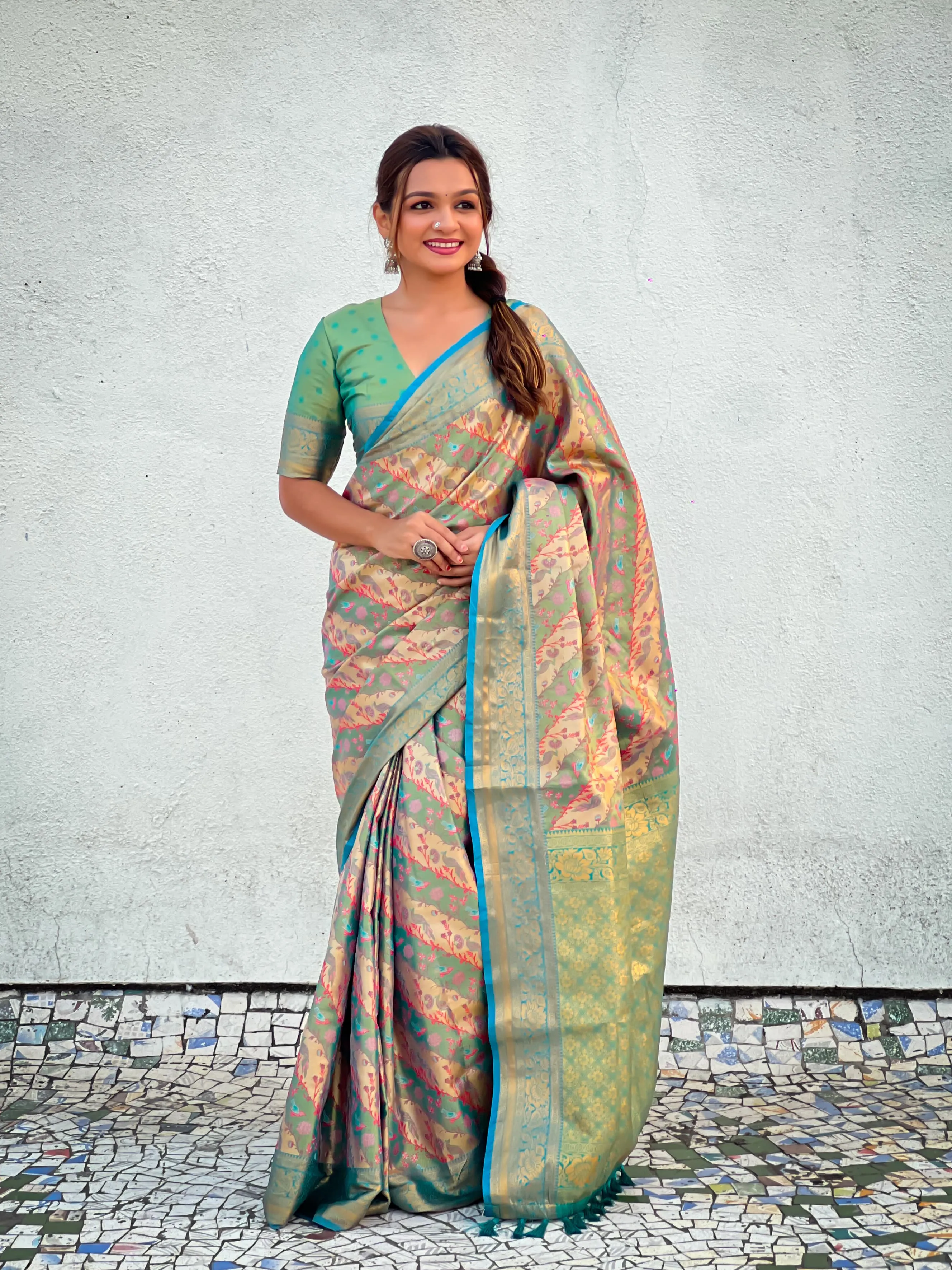Women's Designer Party Wear Dharmavaram Silk Leheriya Meenakari Print Saree