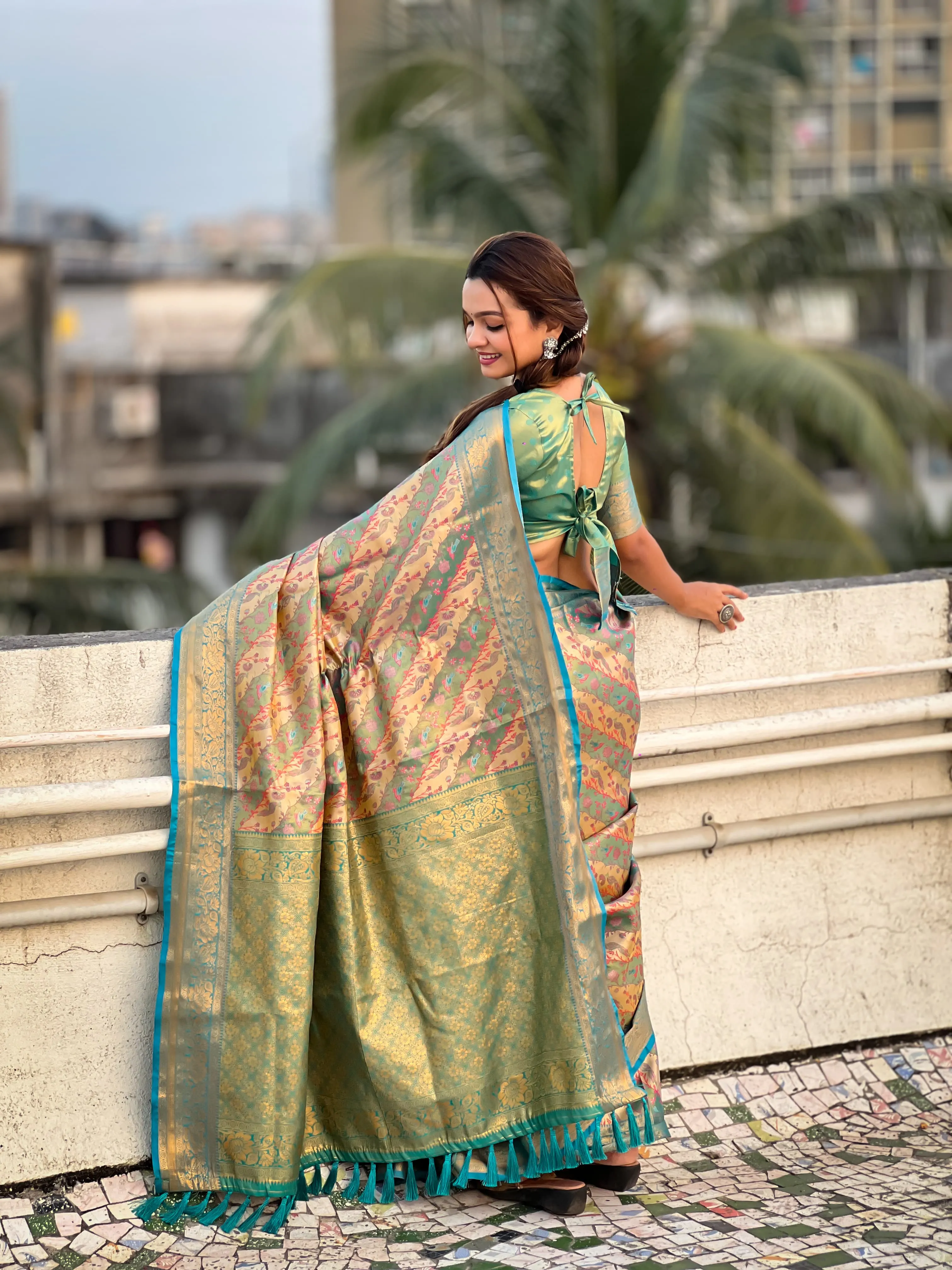 Women's Designer Party Wear Dharmavaram Silk Leheriya Meenakari Print Saree